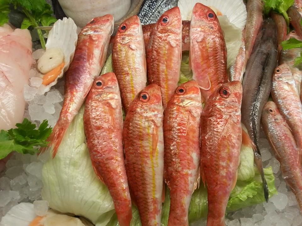 Triglie fresche sul banco del pesce